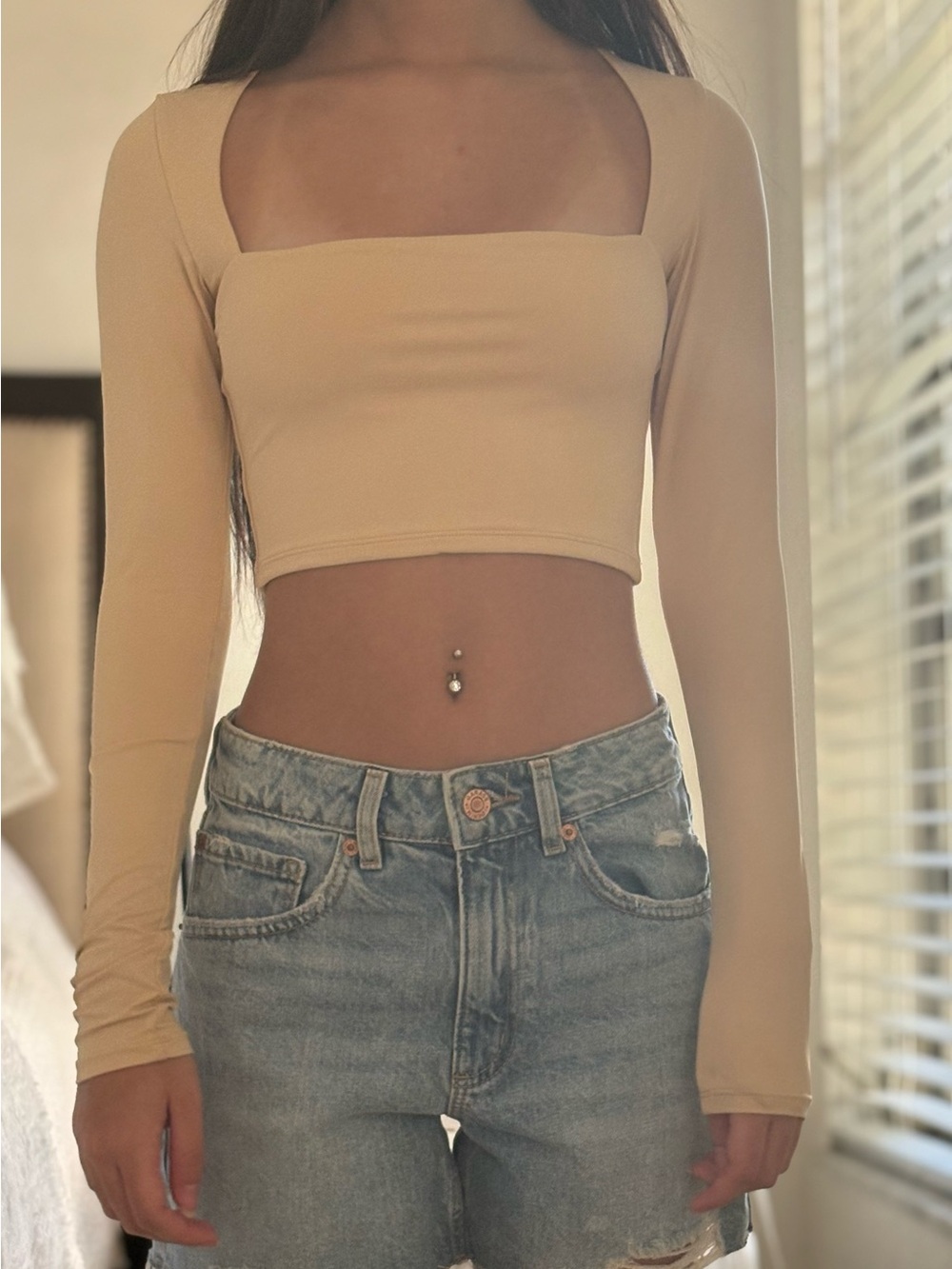 Square Neck Long Sleeve Crop Top in Cream